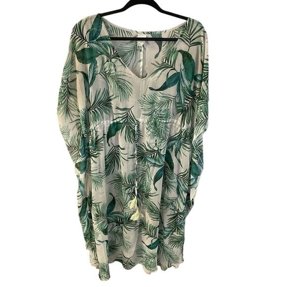 Kona Sol Leaf Print Beach Cover Up Dress Flutter Sleeves Green Ivory Size Large - Picture 1 of 3